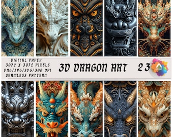 3D Dragon Art, Seamless Paper, Scrapbook Background (Digital Download)