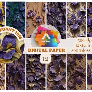 Könnte beinhalten: Eine Sammlung von 12 digitalen Papierdesigns mit 3D-eleganten Iris-Blumenmustern. Die Designs zeigen lila, goldene und türkisfarbene Irisblüten auf verschiedenen Hintergründen. Der Text "3D Elegant Iris" und "Digital Paper" ist sichtbar.