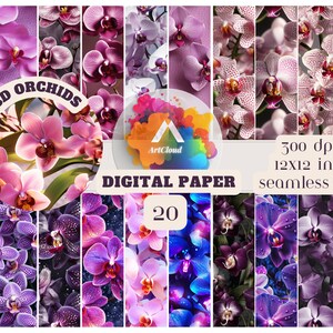May include: A digital paper set featuring 20 seamless JPG files with 3D orchid designs. The flowers are in shades of pink, purple, and white. The image includes the text "3D ORCHIDS" and "DIGITAL PAPER". Each file is 12x12 inches.