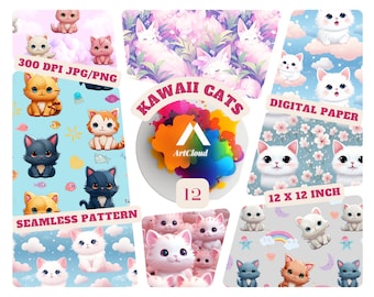 Kawaii Cat Seamless Pattern, Cute Cats Digital Paper (JPG/PNG)