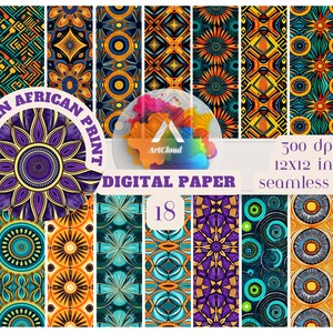 May include: A collection of 18 digital papers with modern African print designs. The patterns feature geometric shapes and floral motifs in vibrant colors like orange, teal, and purple. The image includes text that reads "Modern African Print Digital Paper" and "300 dpi 12x12 inch seamless jpg."