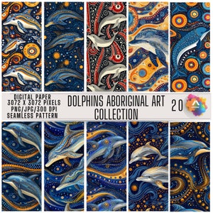 Può includere: Una collezione di 20 carte digitali con disegni di delfini in stile arte aborigena. I modelli presentano delfini in varie pose, su uno sfondo blu navy, arancione e bianco. Il testo "DOLPHINS ABORIGINAL ART COLLECTION" è visibile.