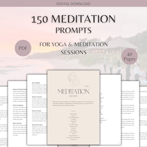 Puede incluir: Descarga digital de una guía de indicaciones de meditación para sesiones de yoga y meditación. La portada presenta el texto "150 Indicaciones de Meditación". Incluye 40 páginas.