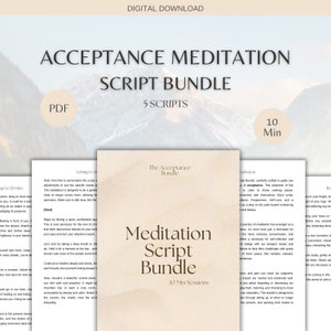 Könnte beinhalten: Ein digitaler Download für ein Akzeptanz-Meditations-Skript-Paket. Das Paket enthält 5 Skripte, jedes 10 Minuten lang. Das Bild zeigt einen Bergbereich im Hintergrund mit einem hellblauen und rosafarbenen Farbschema.