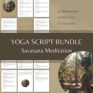 Puede incluir: Un paquete de descarga digital de 10 guiones de meditación guiada para Savasana, cada uno con una duración de 10 minutos. La imagen muestra a una mujer meditando en un entorno exterior tranquilo.