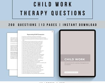 May include: A digital download of a printable PDF document titled "Child Work Therapy Questions". The document contains 200 questions for coaches, therapists, and counselors. The cover image is a light gray background with the title in black text.