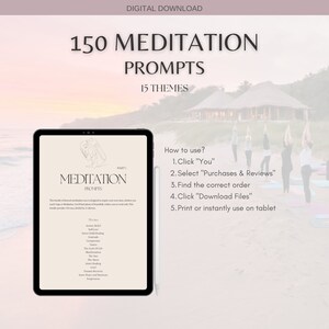 May include: Digital download featuring 150 meditation prompts across 15 themes. The image shows a tablet displaying the prompts, with instructions on how to use them. The background includes a beach scene with people practicing yoga.