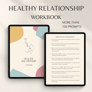 Peut inclure: Un classeur numérique avec un design abstrait coloré sur la couverture. Le titre est "Healthy Relationship Workbook" et le sous-titre est "Plus de 100 invites". Le classeur est ouvert à une page intitulée "Appréciation et reconnaissance" avec une liste d'invites pour les couples à réfléchir.