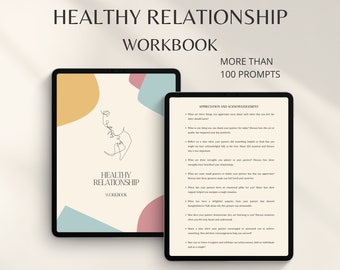 Può includere: Un quaderno di lavoro digitale con un design astratto colorato sulla copertina. Il titolo è "Healthy Relationship Workbook" e il sottotitolo è "Oltre 100 prompt". Il quaderno è aperto a una pagina intitolata "Apprezzamento e riconoscimento" con un elenco di prompt per le coppie su cui riflettere.
