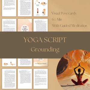 May include: A yoga script for grounding with a guided meditation. The script includes a 60-minute yoga meditation with visual postcards. The image shows a woman in a red yoga outfit meditating in a desert landscape.