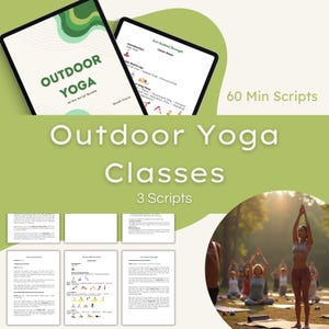Puede incluir: Una descarga digital de 3 guiones de clases de yoga al aire libre, cada uno de 60 minutos de duración. La imagen muestra a un grupo de personas haciendo yoga al aire libre en un parque. El texto de la página dice "Outdoor Yoga Classes 3 Scripts".