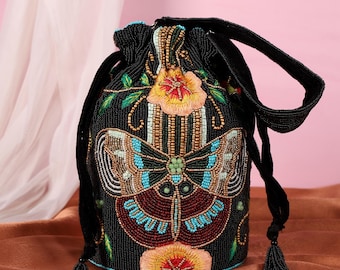 Black Beaded Bucket Bag: Butterfly Embroidered Potli Purse