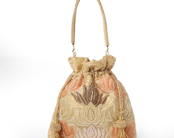 Embroidered Silk Potli Bag | Golden Bridal Wedding Clutch, Cutdana Dabka Work