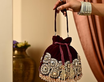 Maroon Potli Bag | Bridal Wedding Purse | Embroidered Indian Ethnic Clutch | Handmade Luxury Evening Bag