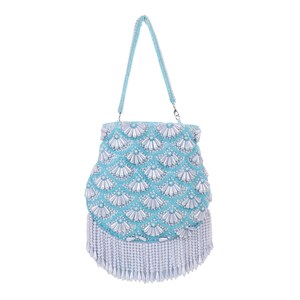 May include: A light blue beaded handbag with a matching handle. The bag features a fan-like pattern of white beads on the front and a fringe of white beads along the bottom. The handle is also made of light blue beads.