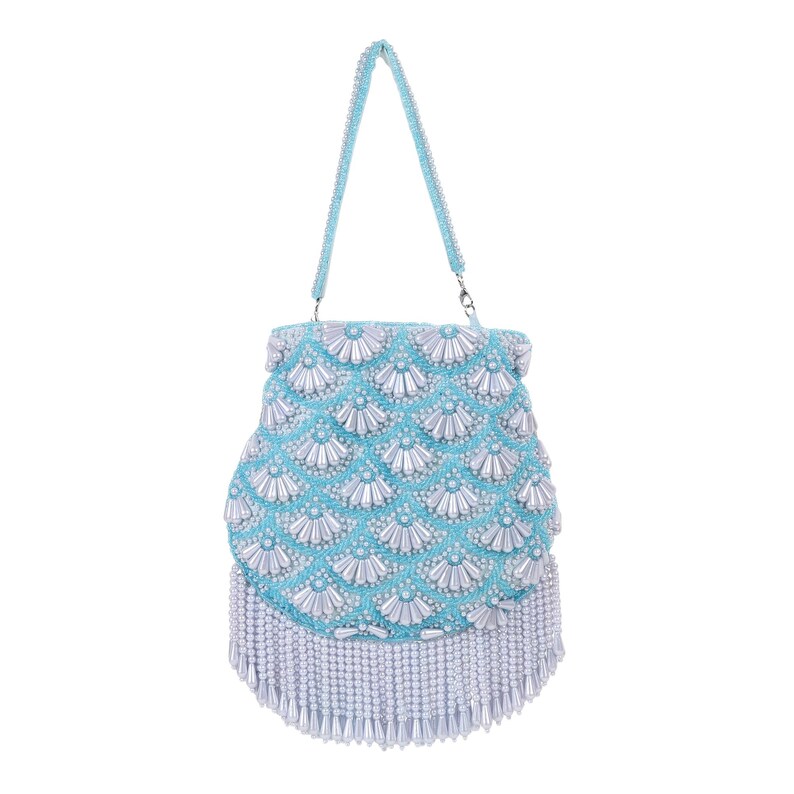 May include: A light blue beaded handbag with a matching handle. The bag features a fan-like pattern of white beads on the front and a fringe of white beads along the bottom. The handle is also made of light blue beads.