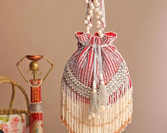Red Velvet Bridal Potli Bag: Silver Studs, Pearl Tassels, Embroidered Handle