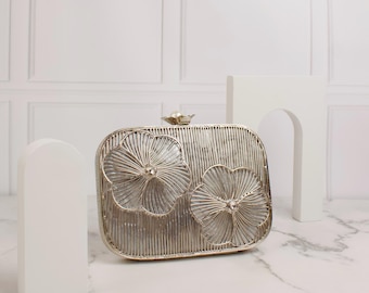 Handmade Silver Brass Clutch: Floral Engraved Wedding Bag