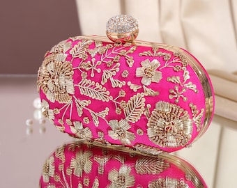Hot Pink Zardosi Clutch: Hand Embroidered Dabka Party Bag with Gold Sling