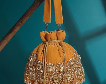 Golden Velvet Potli Bag: Hand-Embellished Beaded Party Purse