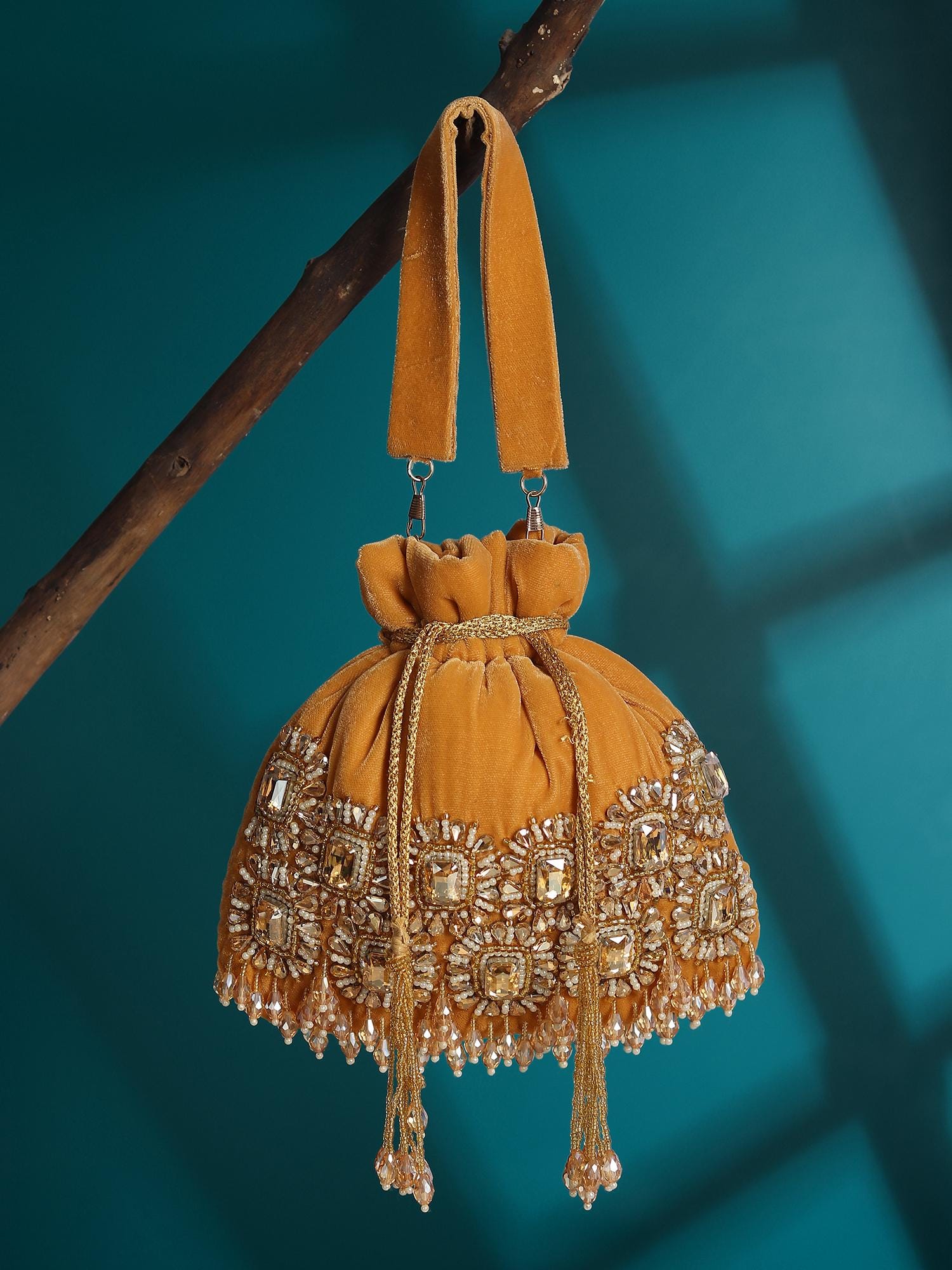 Golden Velvet Potli Bag: Hand-Embellished Beaded Party Purse