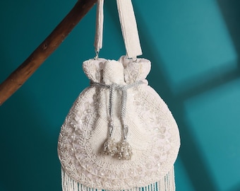 White Velvet Potli Bag | Hand Embroidered Bridal Bag with Beads, Cutdana, Crystals
