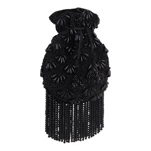 May include: A black beaded drawstring bag with a tassel fringe. The bag is covered in small, round beads and larger, decorative beads. The fringe hangs from the bottom of the bag.