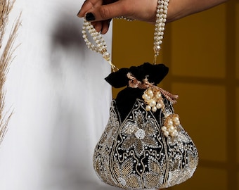 Black Velvet Lotus Potli Bag: Cutdana Embroidery, Bridal Clutch