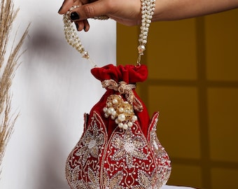 Red Velvet Lotus Potli Bag: Handmade Bridal Drawstring Clutch