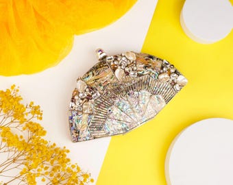 Mother of Pearl Fan Clutch: Handcrafted Silver Shell Stone Pearl Embellished Bag