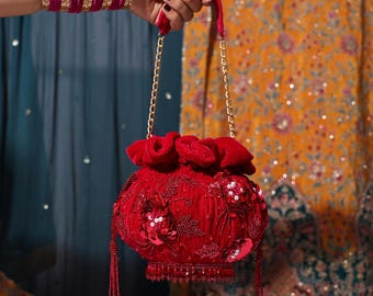Red Sequin Potli Bag | Indian Bridal Wedding Clutch, Festive Evening Purse