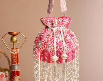 Bolso Potli de ante beige hecho a mano / Asa bordada con perlas / Bolso para bodas y fiestas