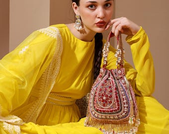 Magenta Pink Velvet Potli Bag: Handcrafted Indian Wedding Purse