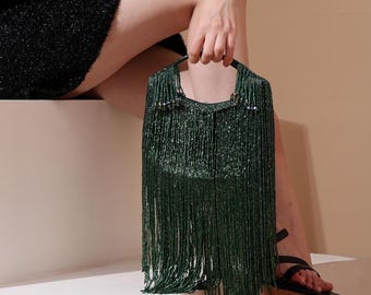 Emerald Green Beaded Clutch Bag: Indian Wedding Handbag with Tassels