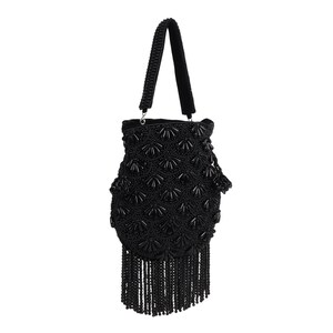 May include: A black beaded handbag with a beaded handle and a black velvet handle grip. The bag features a scalloped design and long beaded fringe. The bag is approximately 10 inches tall.