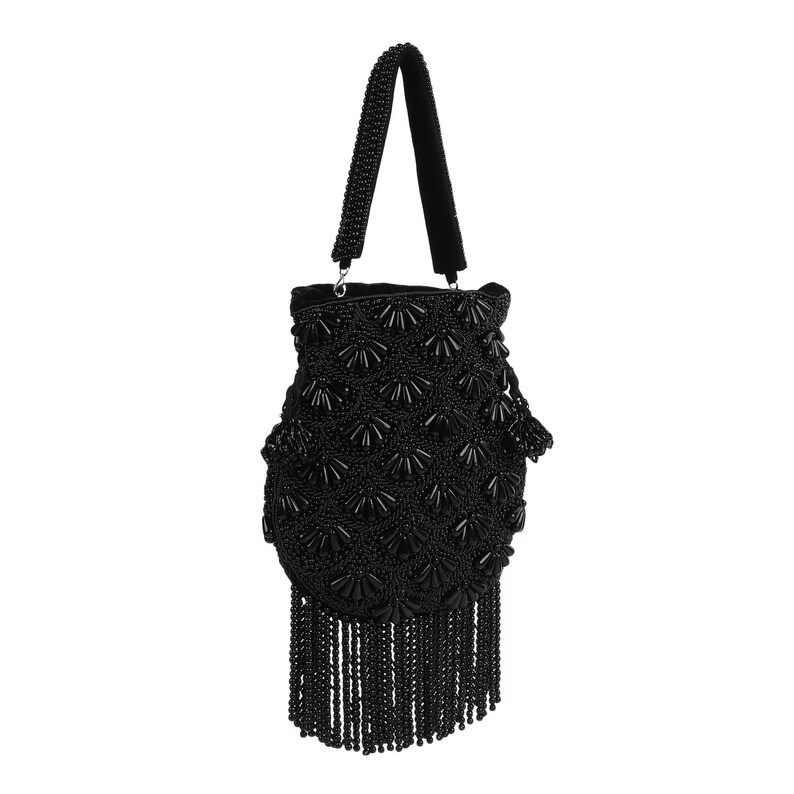 May include: A black beaded handbag with a beaded handle and a black velvet handle grip. The bag features a scalloped design and long beaded fringe. The bag is approximately 10 inches tall.