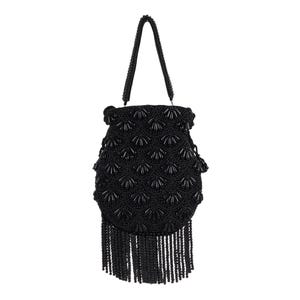May include: A black beaded handbag with a beaded handle and fringe. The bag features a detailed pattern of small, round beads arranged in a fan-like design. The fringe hangs from the bottom of the bag, adding a decorative element.