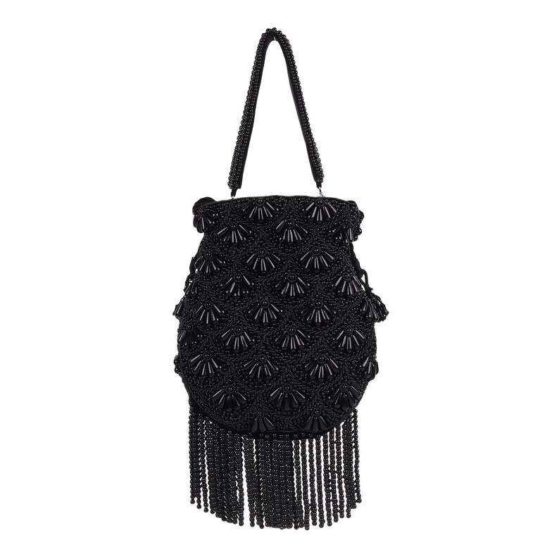 May include: A black beaded handbag with a beaded handle and fringe. The bag features a detailed pattern of small, round beads arranged in a fan-like design. The fringe hangs from the bottom of the bag, adding a decorative element.