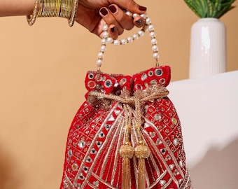 Hand Embroidered Red Velvet Potli Bag: Mirror, Cutdana & Dabka Work