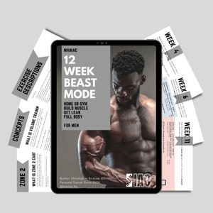 May include: A digital tablet displaying a 12-week workout program called "Beast Mode" for building muscle and getting lean. The program is designed for home or gym workouts and is for men. The image also includes a muscular man in the background.