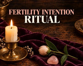 Könnte beinhalten: Eine brennende weiße Kerze in einem Messinghalter, eine blassrosa Blütenknospe und ein glatter rosa Stein auf einem dunkelvioletten Samttuch. Der Text FERTILITY INTENTION RITUAL ist in großen, deutlichen Buchstaben über der Kerze zu sehen.