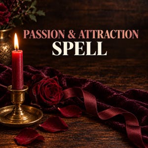 May include: A red candle burns in a brass holder next to a dark red rose and velvet fabric. The text PASSION & ATTRACTION SPELL is displayed in the center. Scattered red rose petals lie on the dark wooden surface near the candle holder.