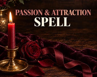 Könnte beinhalten: Eine rote Kerze brennt in einem Messinghalter neben einer dunkelroten Rose und Samtstoff. Der Text PASSION & ATTRACTION SPELL steht in der Mitte. Verstreute rote Rosenblätter liegen auf der dunklen Holzoberfläche nahe dem Kerzenhalter.