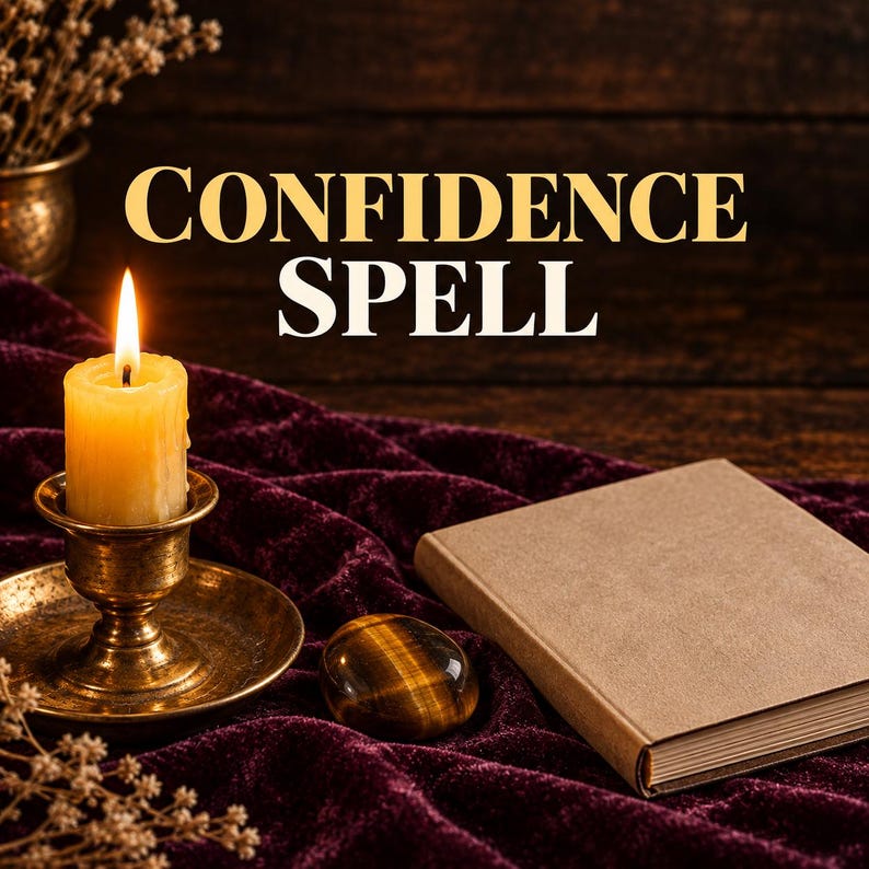 May include: A lit yellow pillar candle in a brass holder, a polished brown tiger's eye gemstone, and a closed tan book resting on deep purple velvet fabric. The text CONFIDENCE SPELL is displayed in large, bold, light-colored capital letters.