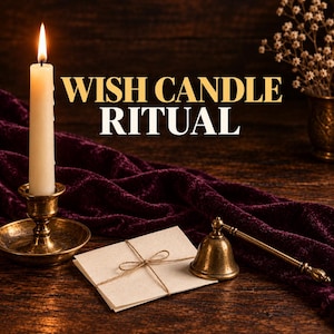 May include: A lit white taper candle in a brass holder, a small brass bell, and a folded paper note tied with twine, resting on a deep purple velvet cloth. The text WISH CANDLE RITUAL is displayed in large gold and white lettering.