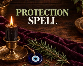 Könnte beinhalten: Eine schwarze Kerze in einem Messinghalter, ein blaues Glasamulett gegen den bösen Blick und ein Rosmarinzweig auf einem violetten Samttuch. Der Text PROTECTION SPELL steht in weißen und hellgrünen Buchstaben über dem Ensemble.