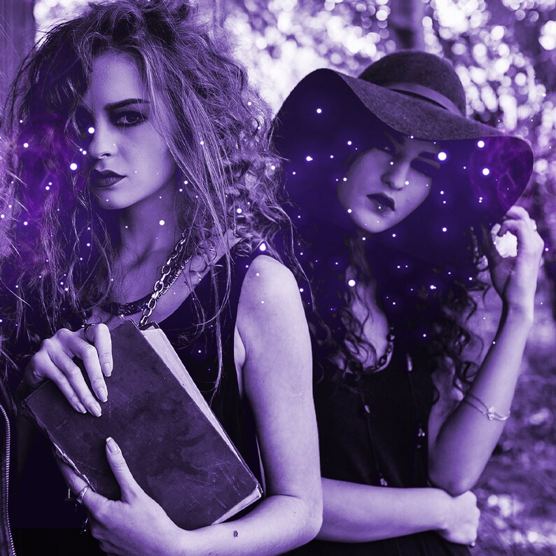 May include: Two individuals wearing black sleeveless tops, one with long curly hair holding a rectangular book and the other wearing a wide-brimmed black hat. The scene is overlaid with a purple tint and glowing white light particles.