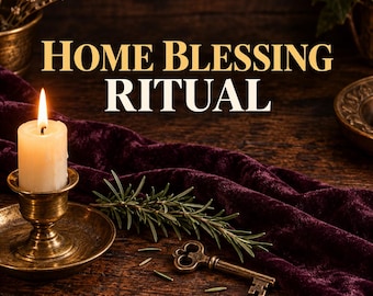 Könnte beinhalten: Eine brennende weiße Kerze in einem Messinghalter, ein Zweig grüner Rosmarin und ein Messingschlüssel auf einem dunkelvioletten Samttuch. Der Text HOME BLESSING RITUAL ist in großen, hellen Buchstaben vor dunklem Hintergrund zu sehen.