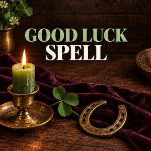 May include: A lit green candle in a brass holder, a metal horseshoe, and a green clover sprig resting on dark purple velvet fabric. The text GOOD LUCK SPELL is displayed in large, bold, light-colored lettering against a dark wooden background.