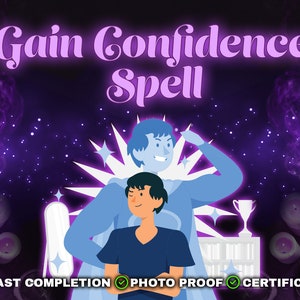 May include: A graphic illustration featuring the text Gain Confidence Spell. A person stands in front of a larger, translucent blue superhero figure. The background is dark purple with glowing candles, a mirror, a trophy, and a bookshelf.